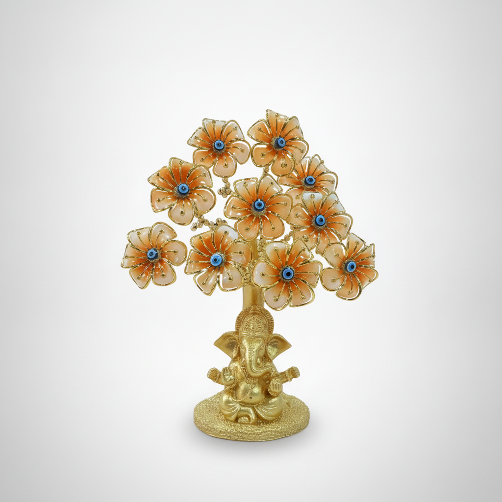 Golden Ganesha Evil Eye Flower Tree Figurine