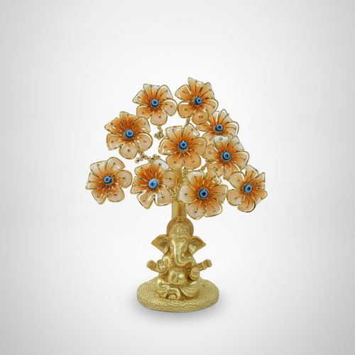Golden Ganesha Evil Eye Flower Tree Figurine