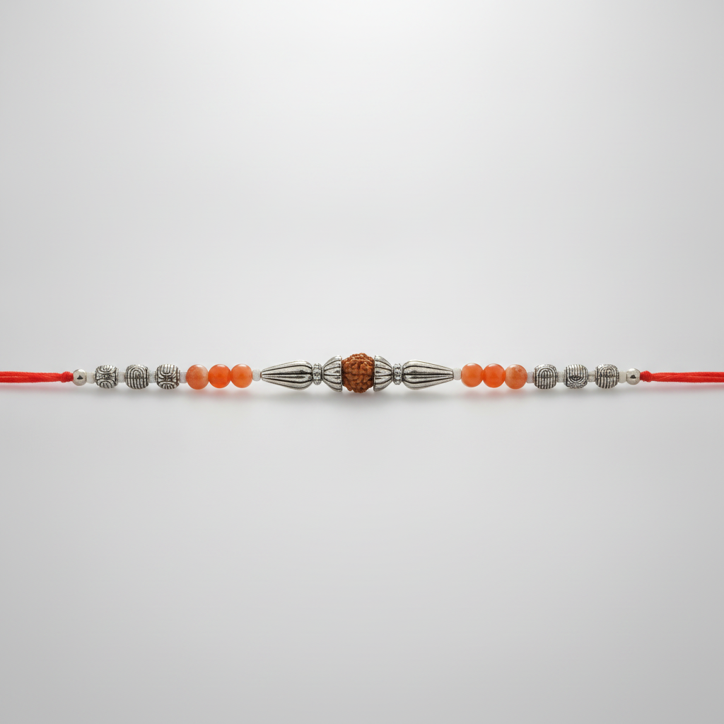 Rudraksha Rakhi with Silver Beads & Red Thread