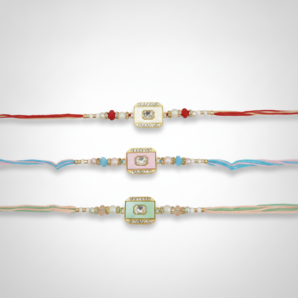 Elegant Kundan Rakhi Set of 3 – Pastel Enamel & Crystal