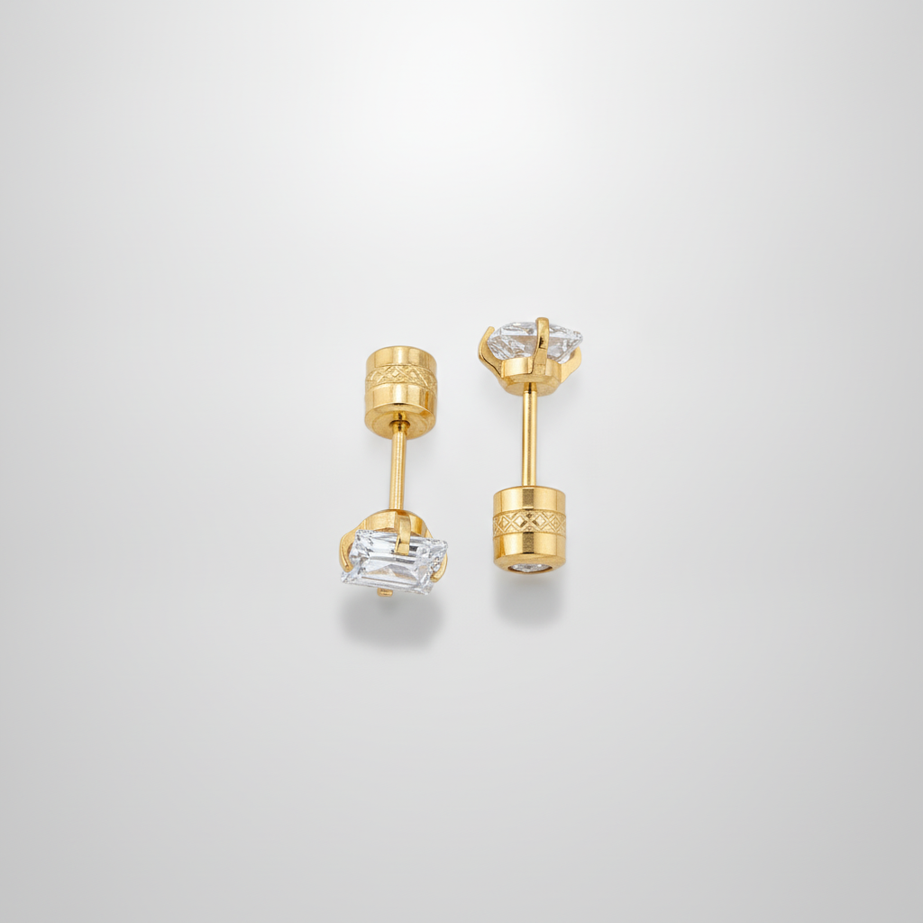 Double-Sided Gold Stud Earrings for Men with Crystal Stone