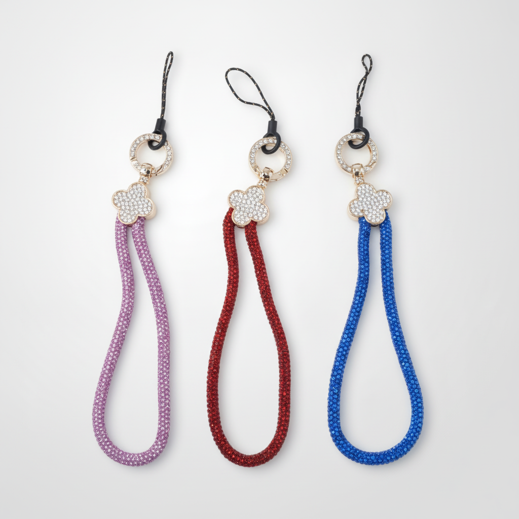 Rhinestone Wrist Strap Keychain with Crystal Flower Charm