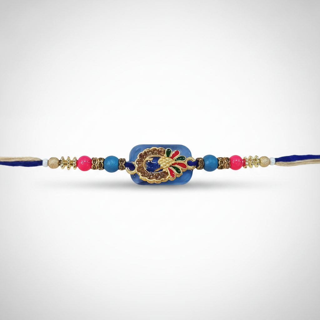 Peacock Meenakari Rakhi with Beaded Blue & Gold Thread