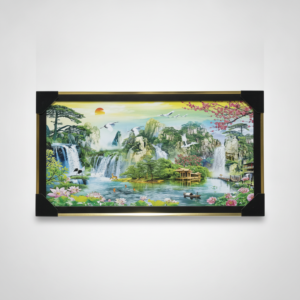 Asian Landscape Framed Wall Art – Waterfall & Crane Scene