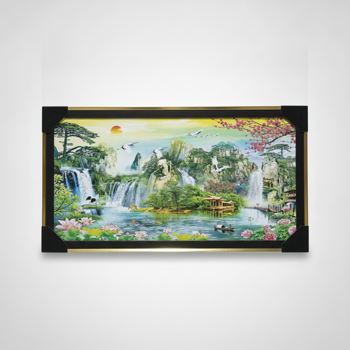 Asian Landscape Framed Wall Art – Waterfall & Crane Scene
