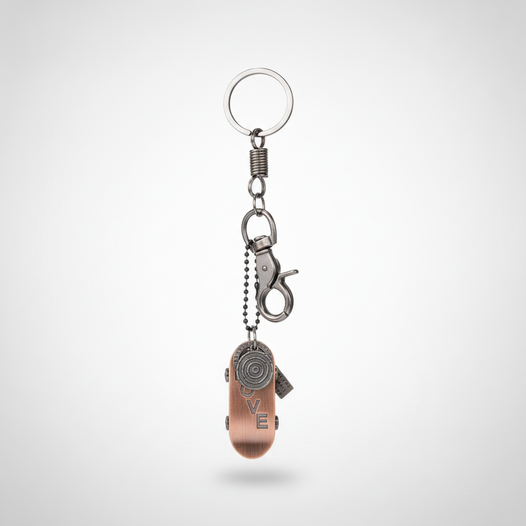 Vintage Copper Skateboard LOVE Keychain with Swivel Clip