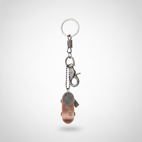 Vintage Copper Skateboard LOVE Keychain with Swivel Clip