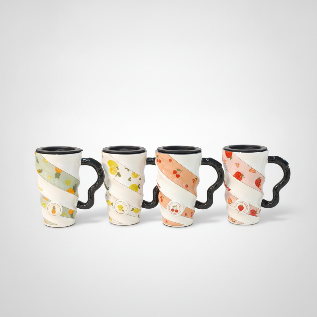 Twisted Fruit-Print Ceramic Mug with Lid & Handle