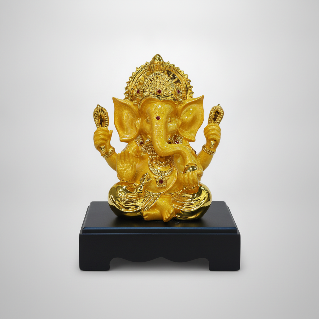 Golden Ganesha Idol Statue on Black Wood Base