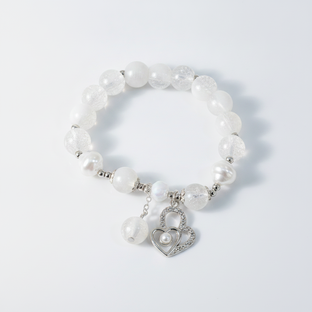 White Crystal & Pearl Beaded Bracelet with Double Heart Charm