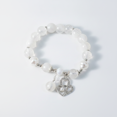 White Crystal & Pearl Beaded Bracelet with Double Heart Charm