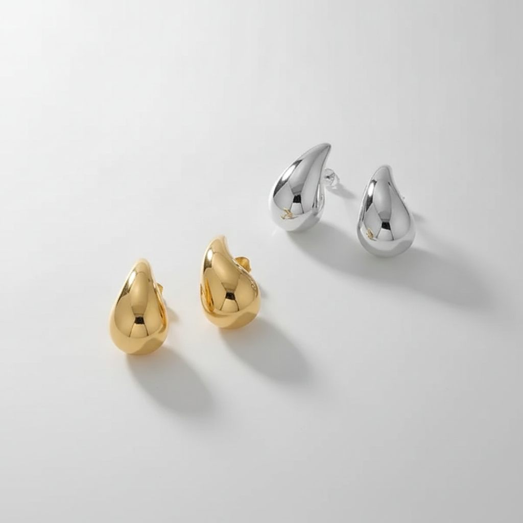 Chunky Dome Drop Earrings – Gold & Silver Teardrop Studs