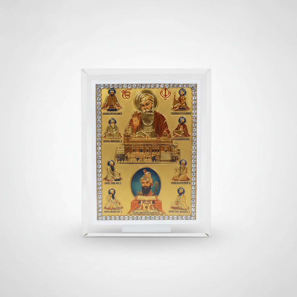 Sikh Gurus Gold Foil Dashboard Frame with Crystal Border