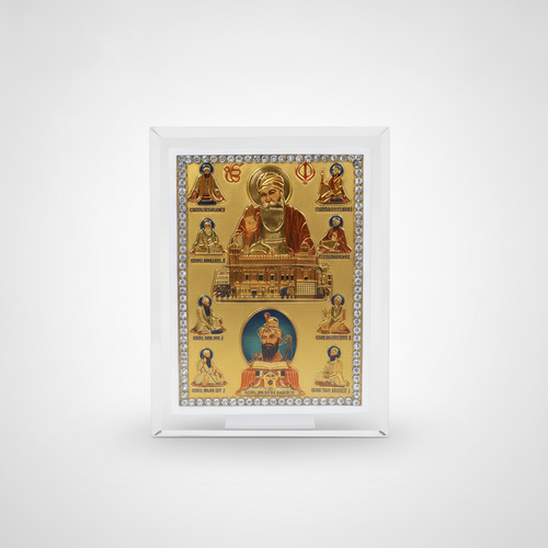 Sikh Gurus Gold Foil Dashboard Frame with Crystal Border