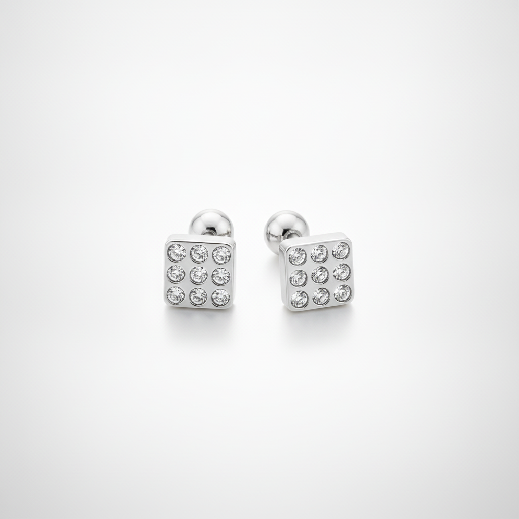 Men's Square Crystal Stud Earrings – Silver Tone Screw Back