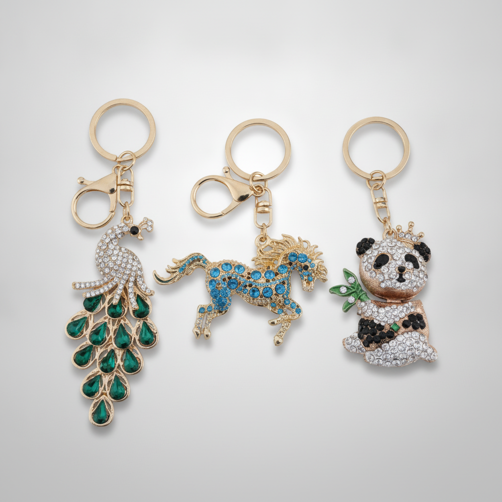 Crystal Animal Keychain Charms – Peacock, Horse & Panda