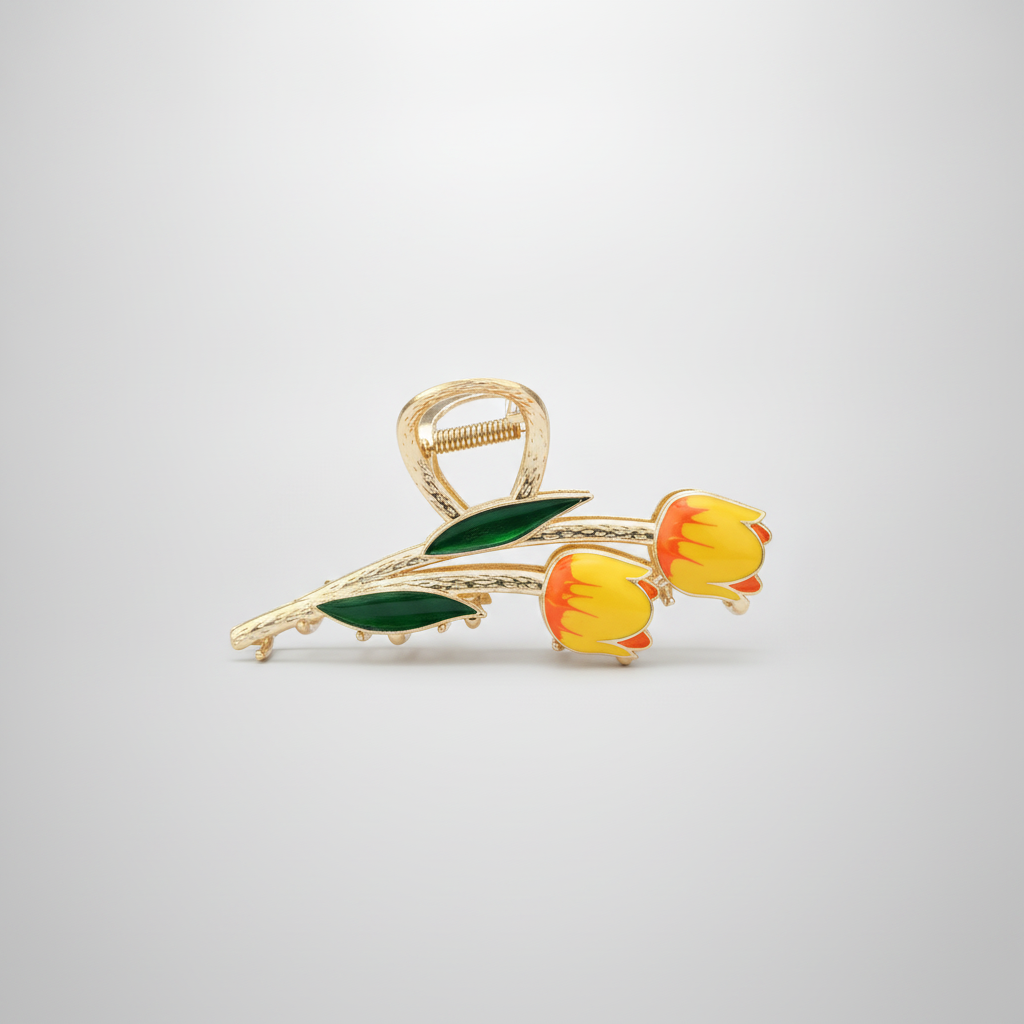 Gold Tulip Flower Hair Claw Clip – Enamel Floral Design