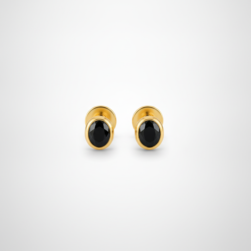 Men's Gold Stud Earrings with Black Crystal Stone