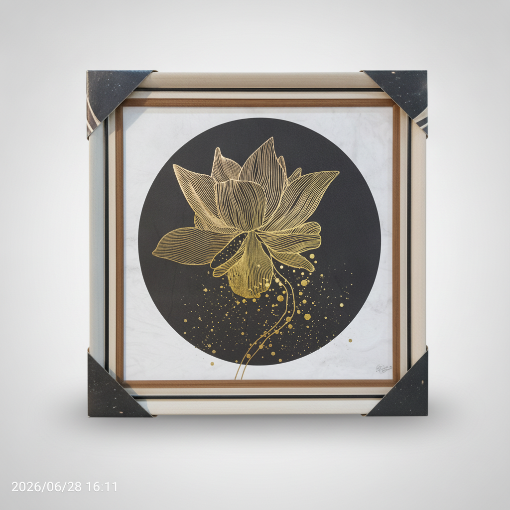 Gold Lotus Framed Wall Art | Black Circle Botanical Print