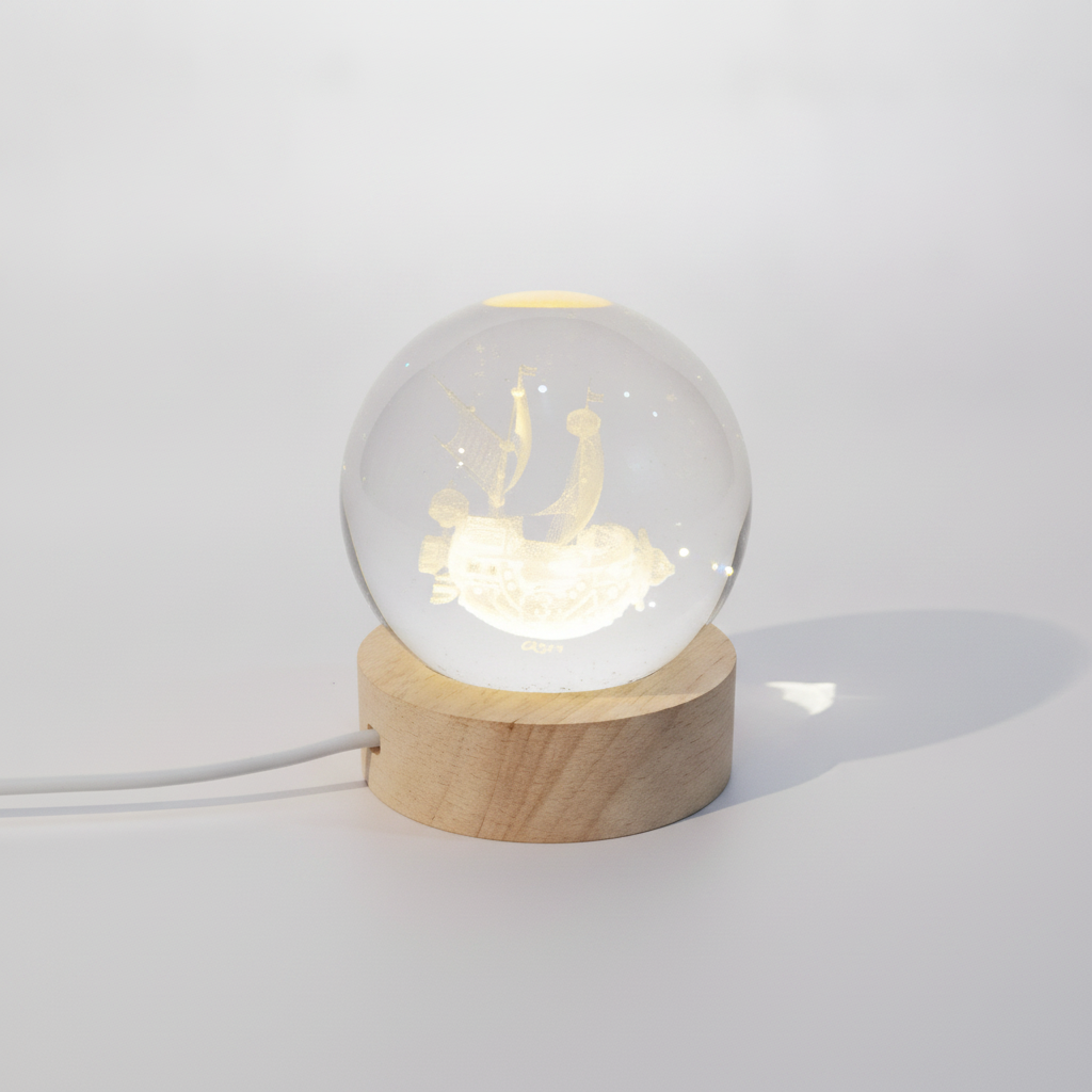 3D Crystal Ball Lamp – Sailing Ship Engraving & LED Wood Base