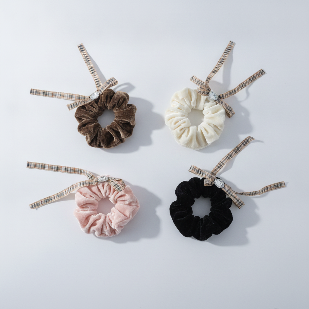 Velvet Scrunchies with Plaid Ribbon Bow & Crystal Charm