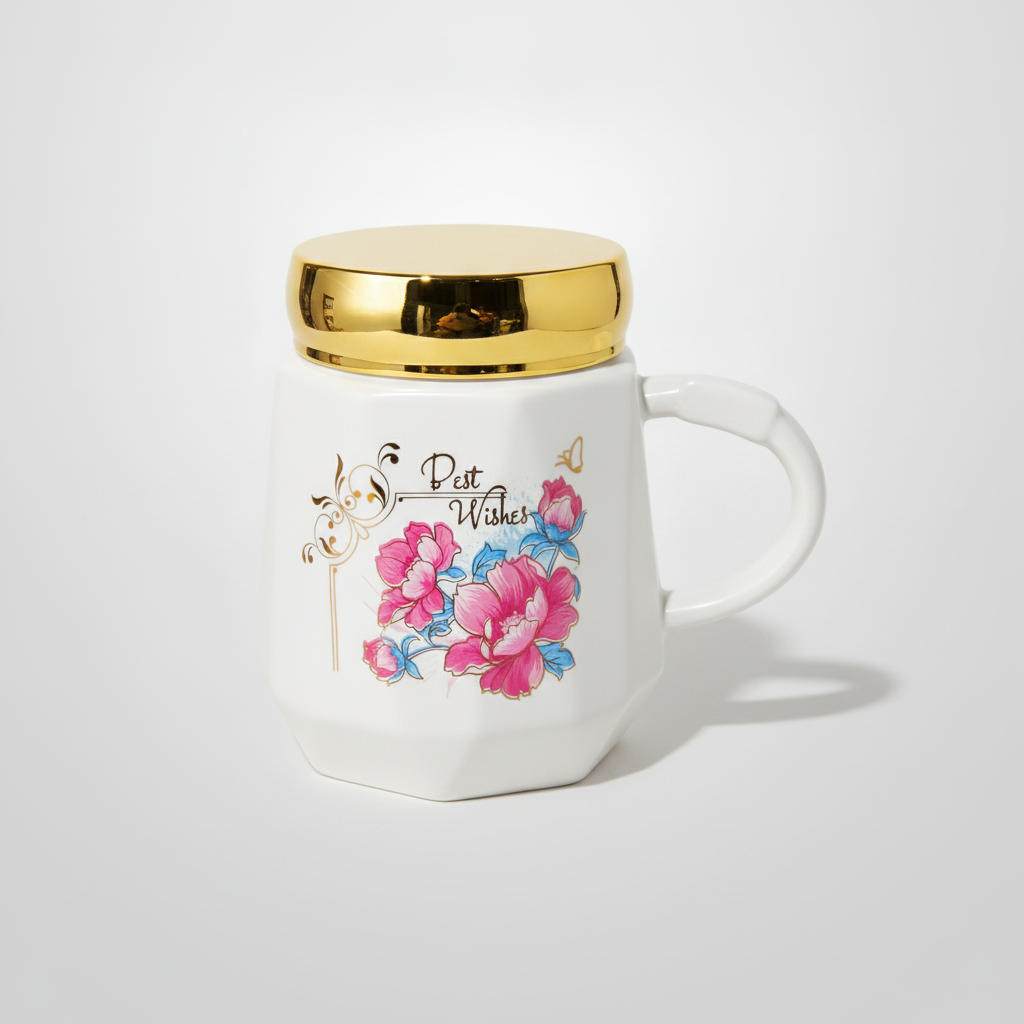 Best Wishes Floral Ceramic Mug with Gold Rim