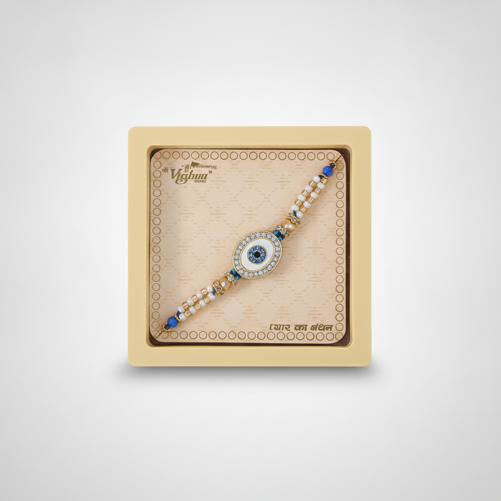 Evil Eye Rakhi Bracelet with Blue & Gold Beads