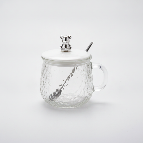 Glass Mug with Bear Lid & Spoon – Textured Hammered Design