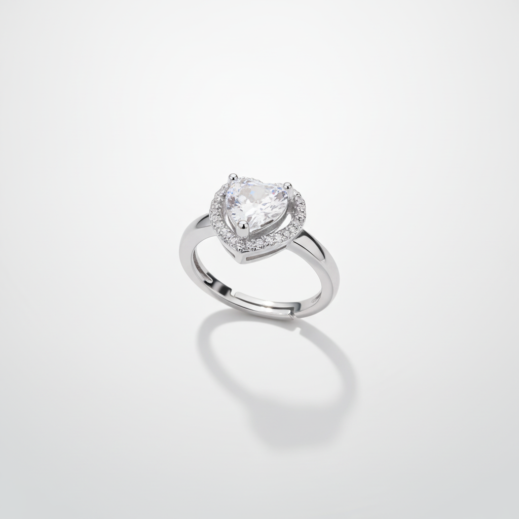 Heart-Cut Crystal Halo Silver Adjustable Ring