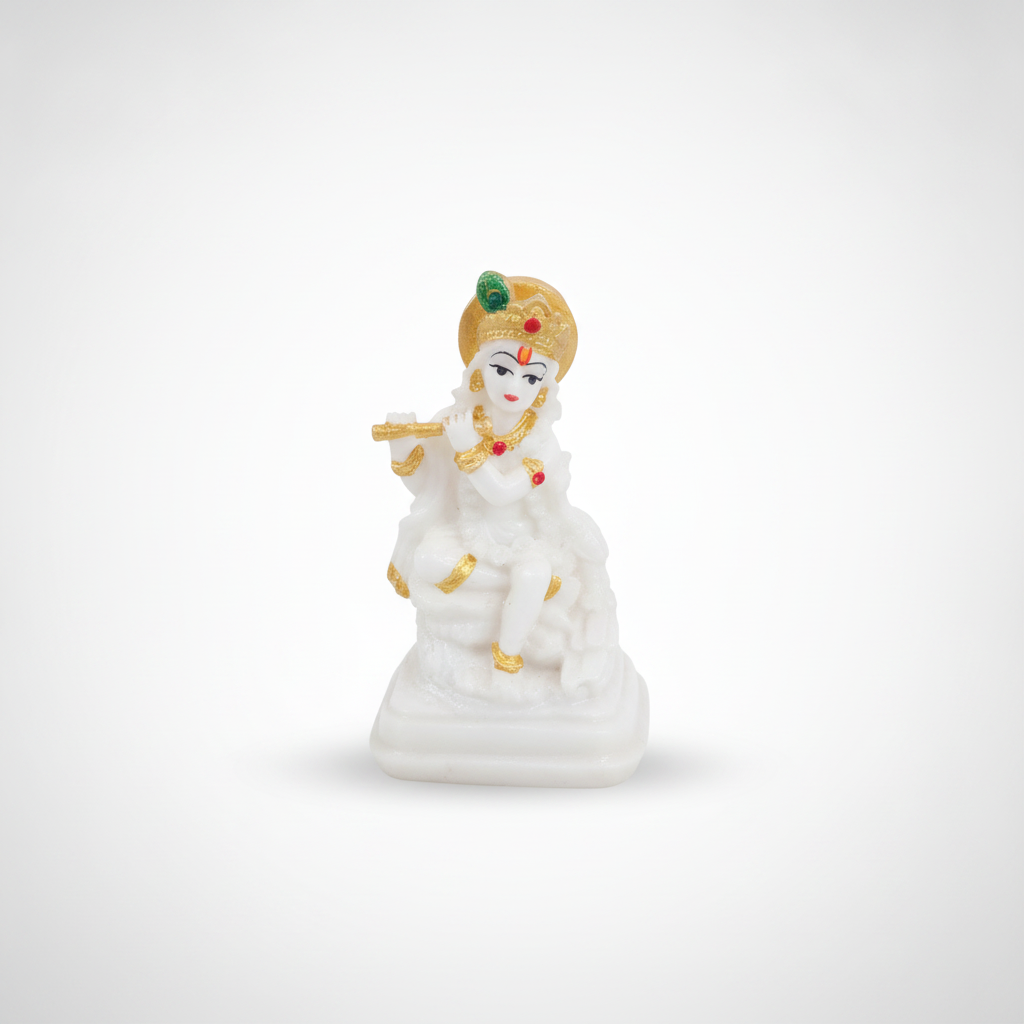 White Marble Lord Krishna Flute Figurine with Gold Accents