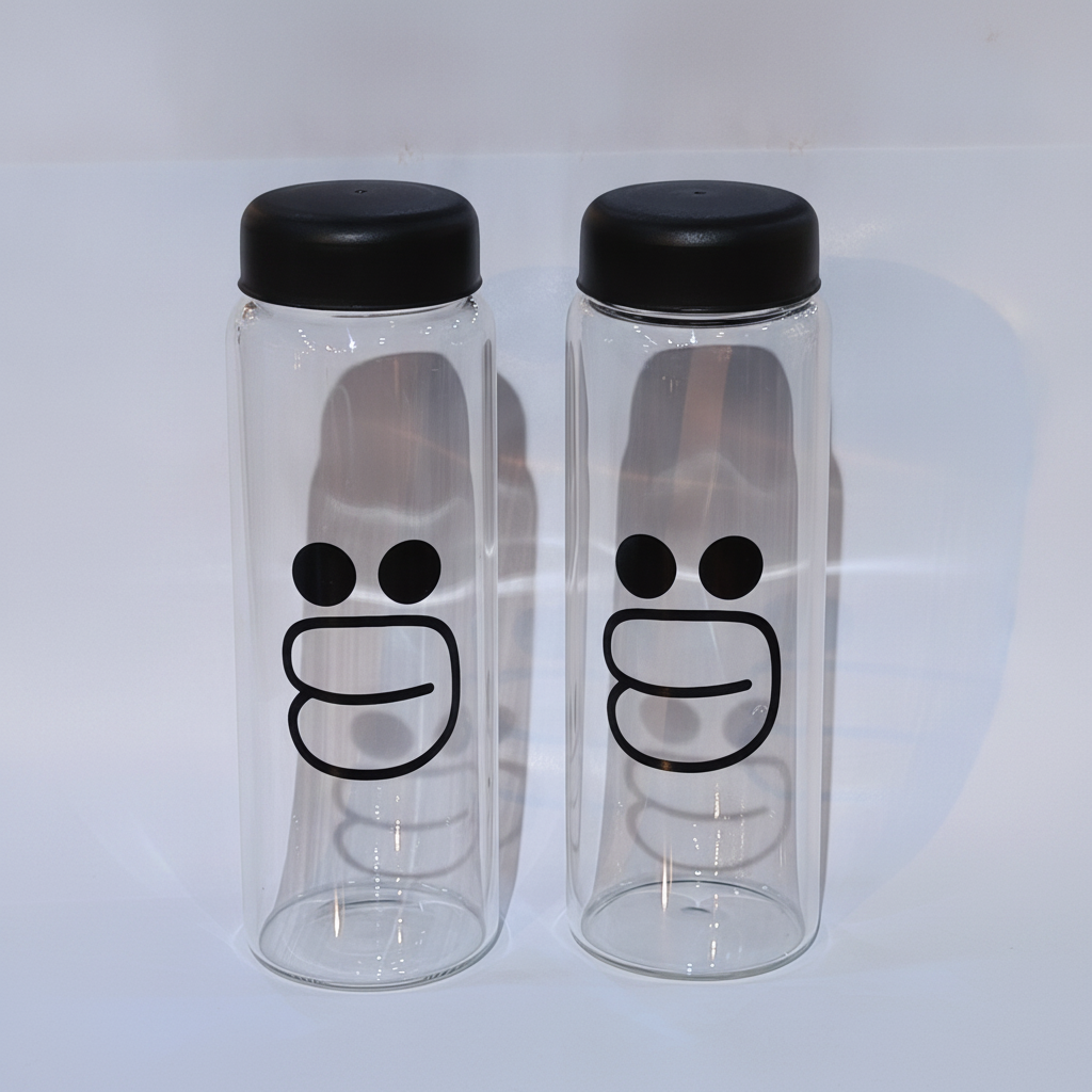 Miniso Glass Face Bottle 420ml – Cute Smiley Design
