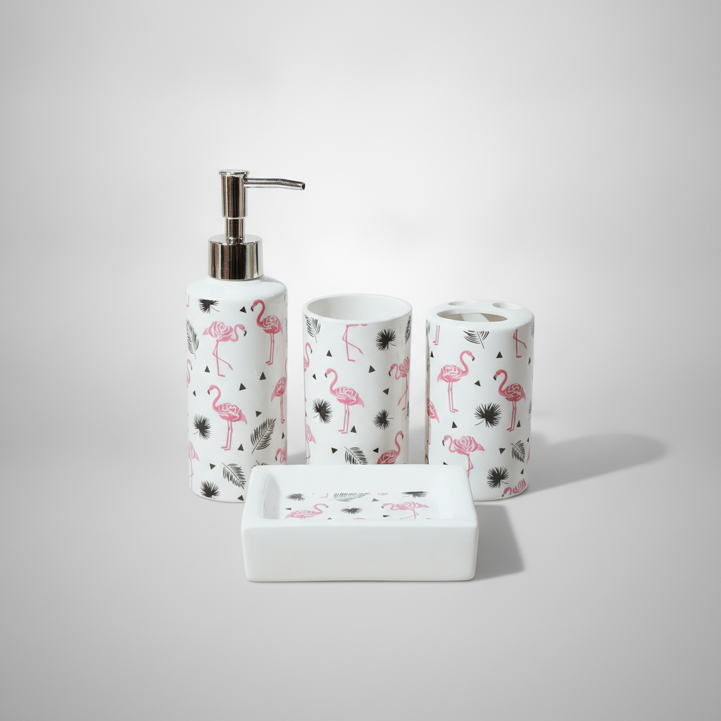 Flamingo Ceramic Bathroom Accessory Set – 4 Piece
