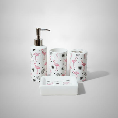 Flamingo Ceramic Bathroom Accessory Set – 4 Piece