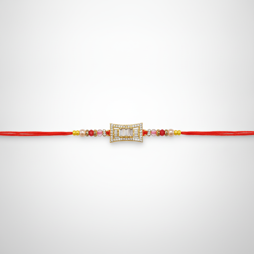 Crystal Baguette Gold Rakhi with Red Thread & Beads