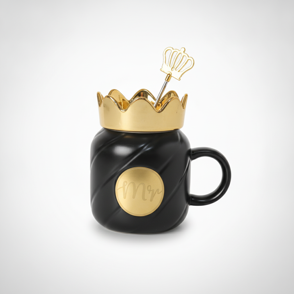 Royal Crown Ceramic Mug with Gold Crown Lid & Stirrer
