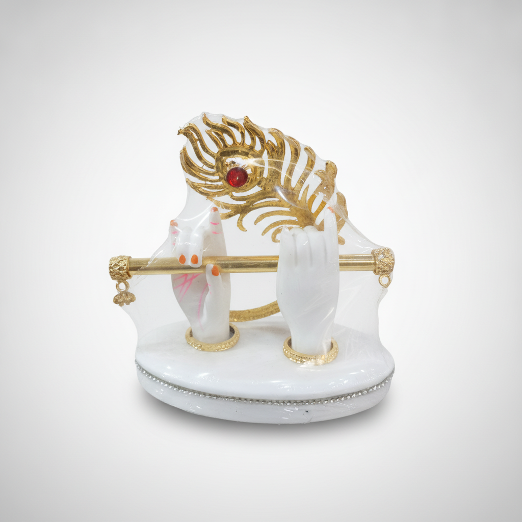 Lord Krishna Flute Hands Marble Idol with Gold Crown