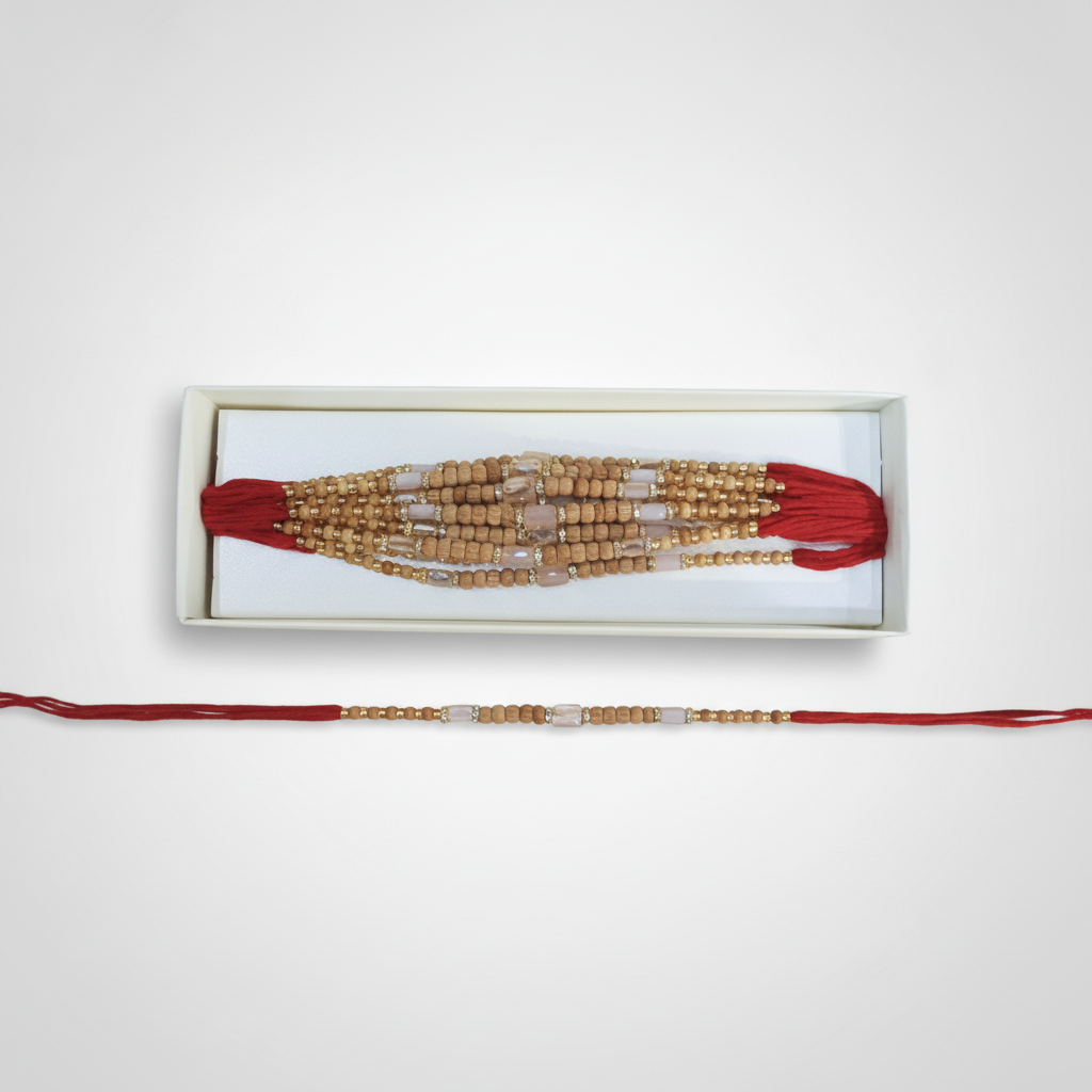 Sandalwood Bead & Crystal Rakhi Set – Box of 12