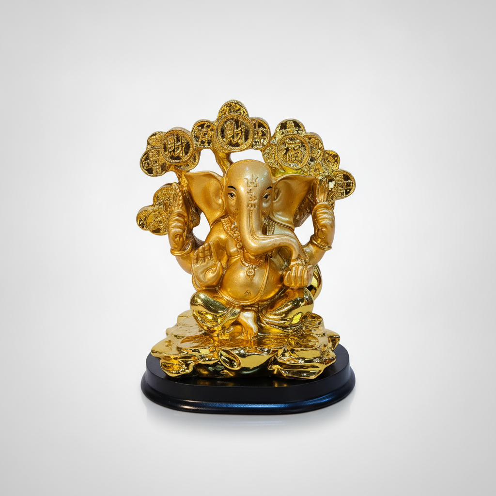 Golden Ganesha Figurine with Lucky Coins Decorative Statue