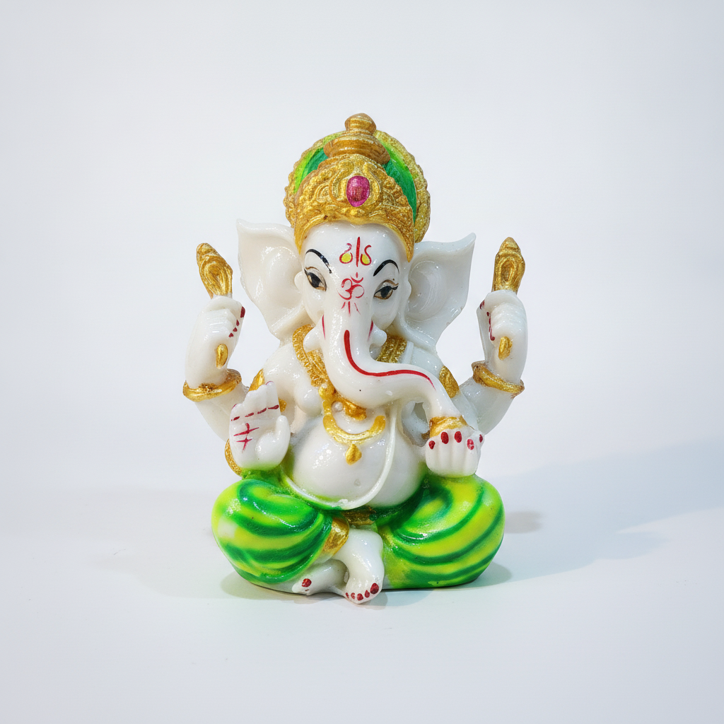 White Resin Ganesha Idol Statue | 5-Inch Sitting Ganesh Figurine