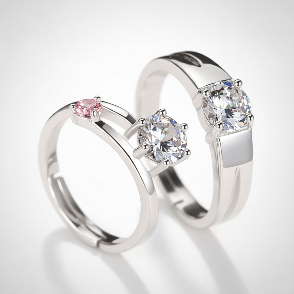 Sterling Silver Couple Rings Set with Crystal Zirconia