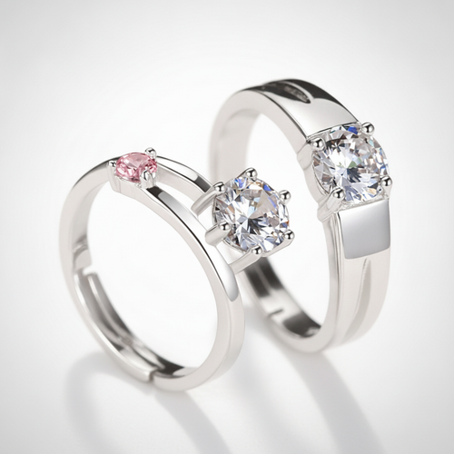 Sterling Silver Couple Rings Set with Crystal Zirconia