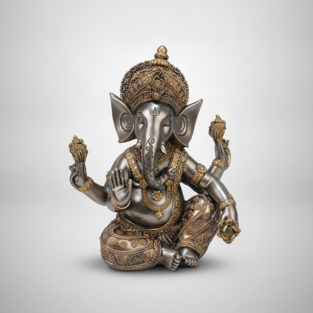 Ganesh Statue Bronze & Gold Resin Figurine – 4-Armed Seated