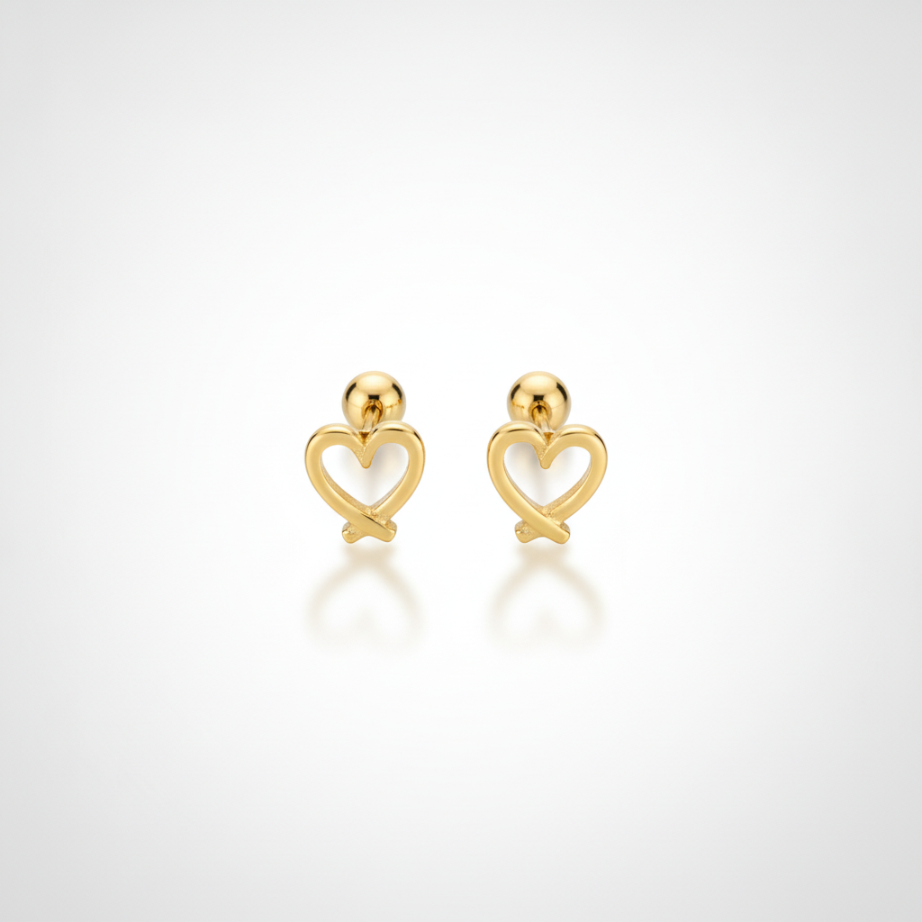 Gold Open Heart Stud Earrings with Ball Back
