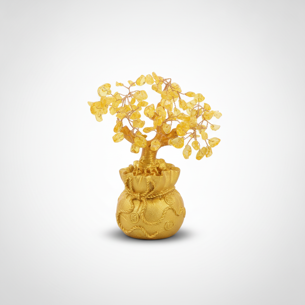 Golden Crystal Money Tree Feng Shui Citrine Wealth Figurine