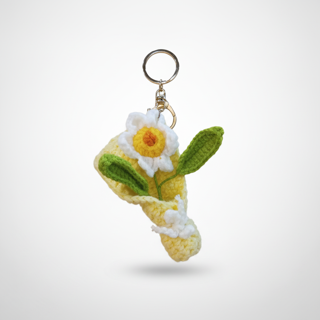 Handmade Crochet Daisy Flower Keychain – Yellow & White
