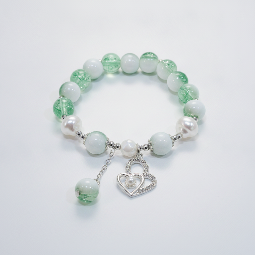 Green & White Beaded Stretch Bracelet with Heart Charm