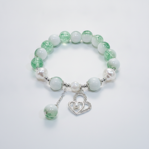 Green & White Beaded Stretch Bracelet with Heart Charm