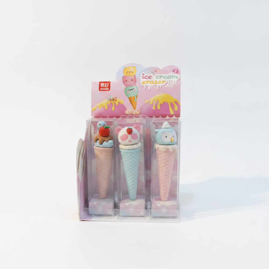 Qihao Ice Cream Cone Eraser Set – Cute 3D Animal Toppers