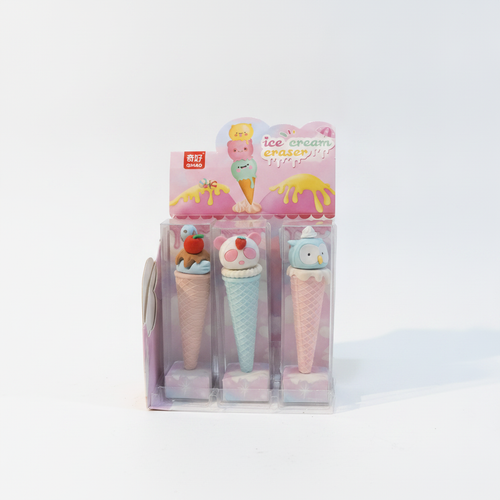 Qihao Ice Cream Cone Eraser Set – Cute 3D Animal Toppers