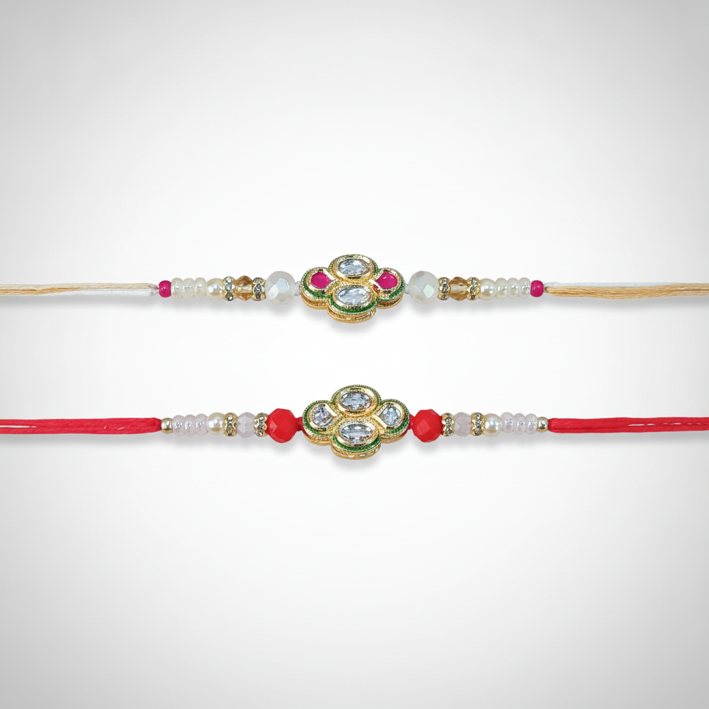 Traditional Kundan Rakhi Set – Gold-Tone Floral Design (Set of 2)